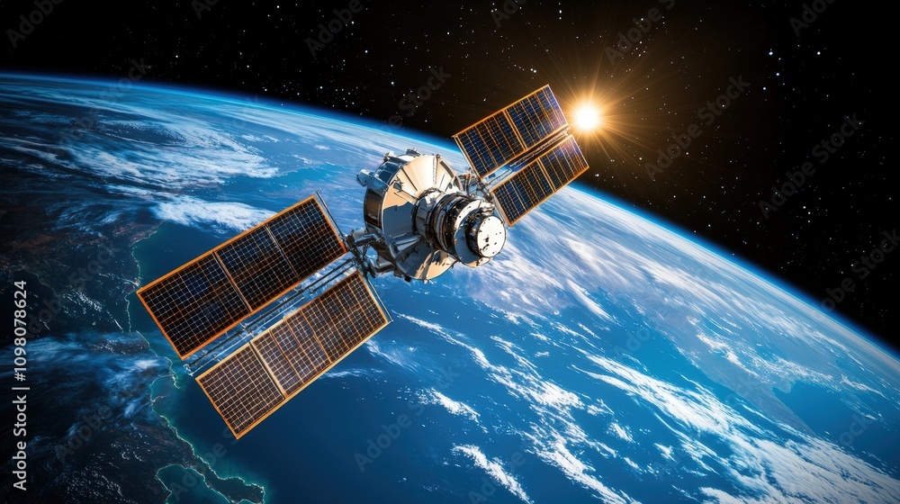 Poster exploring earth's surface through advanced space technology satellite observation in orbit