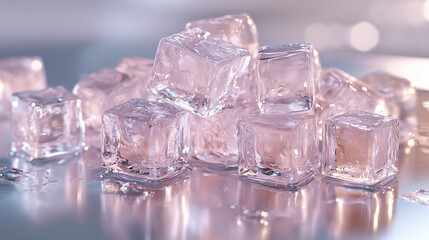 Sparkling ice cubes glisten invitingly on a smooth surface under soft sunlight, creating a refreshing ambiance perfect for summer drinks