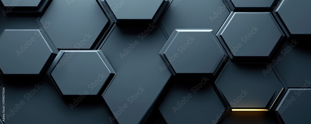 Poster a hexagonal dark grey design with a black background texture, presented as a 3d illustration and 3d 