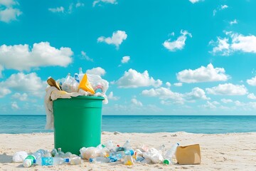 A trash can on the beach is overflowing with garbage, while plastic bottles and paper bags are scattered around it. The sky above features white clouds against an ocean backdrop