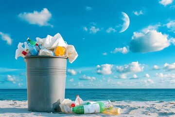 A trash can on the beach is overflowing with garbage, while plastic bottles and paper bags are scattered around it. The sky above features white clouds against an ocean backdrop