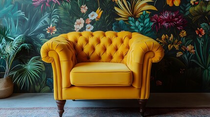 A yellow tufted armchair is placed against a colorful floral wallpaper featuring tropical plants and flowers, creating a lively atmosphere