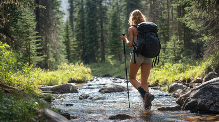 Hiker exploring a mountain stream in a lush forest during a sunny day