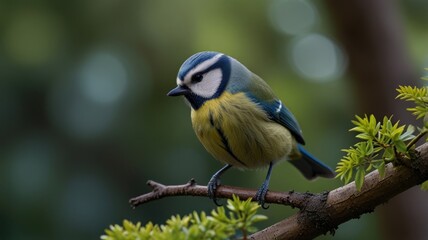 Obraz premium Blue tit perched on a branch, vibrant plumage, green blurred background.