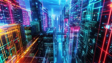 A futuristic cityscape illuminated with neon lights and digital patterns.
