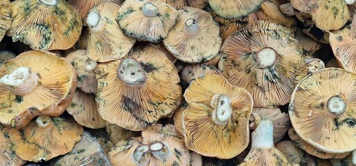 Mushrooms displayed in a pile for sale in a vegetable market