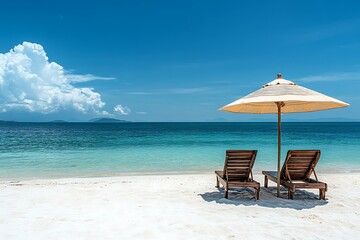Fototapeta premium Peaceful Beachfront Escape Wooden Lounge Chairs & Sunny Sky