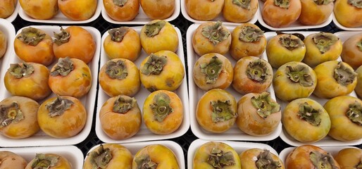 Kaki fruits yellow-orange color in bowls of 6 displayed for sale