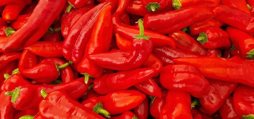 red pepper with green stem in a pile for sale