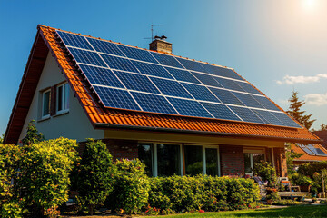 Fototapeta premium Modern house with solar panels on roof, green energy and sustainable concept
