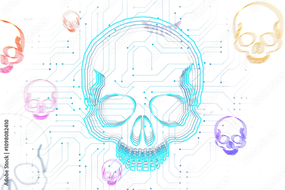 Poster neon skull outlines blend with circuit patterns on a white backdrop, featuring a clean and futuristi