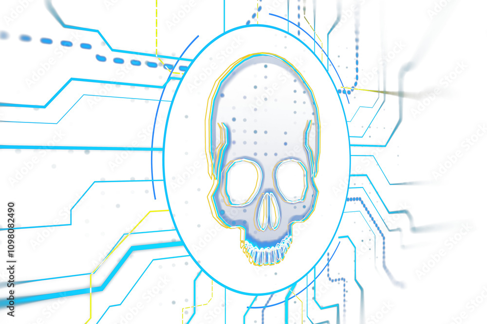 Poster Neon skull outline surrounded by glowing circuit lines on a white background, creating a futuristic and digital technology concept. 3D Rendering.
