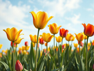 Obraz premium Vibrant yellow and red tulips blooming in tulip field, floral, flowers, garden