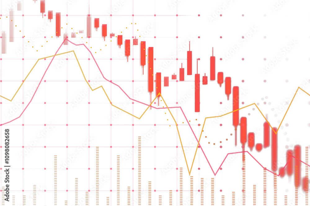 Poster red candlestick chart with yellow and pink line graphs on white grid background, depicting financial