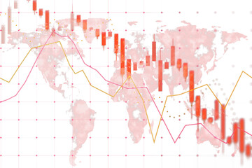 Obraz premium Financial graph with red candlesticks and trend lines overlaid on a world map, on white background, illustrating market decline concept. 3D Rendering.