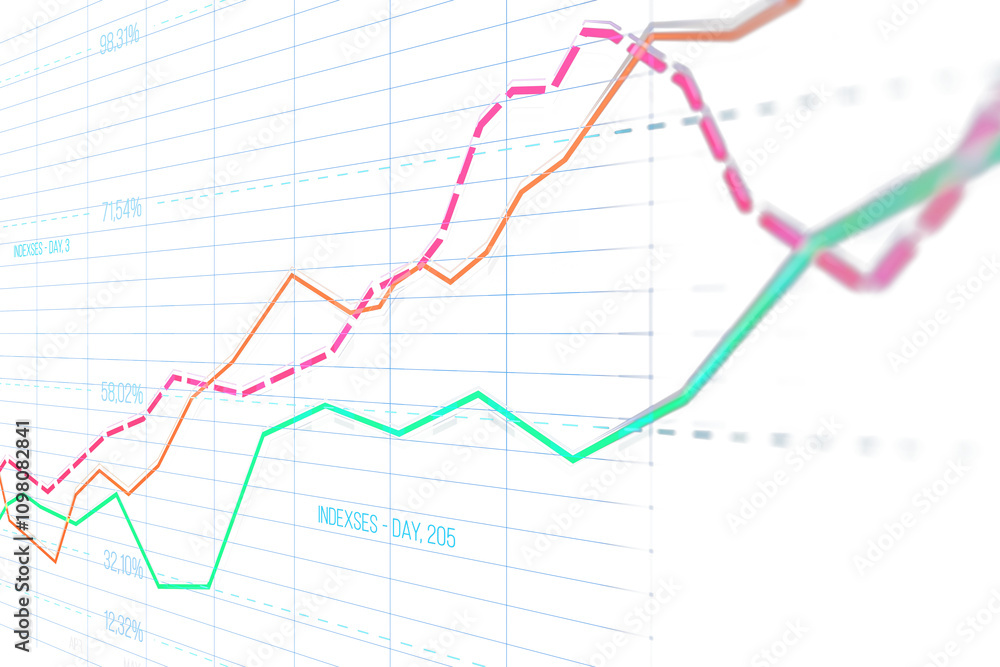 Poster Multicolored 3D lines forming a financial graph with percentages and gridlines on a clean white background, concept of data analysis. 3D Rendering.