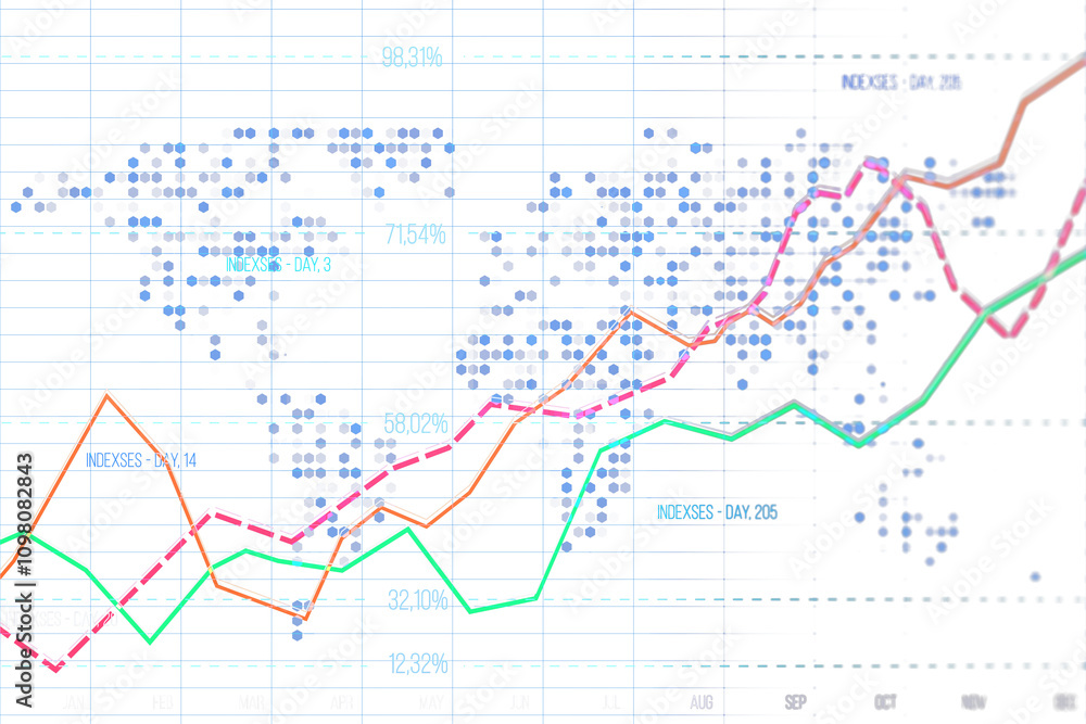 Poster Graph with colored lines and hexagonal data points on white background. Represents abstract progress, analytics, and technology concepts. 3D Rendering.