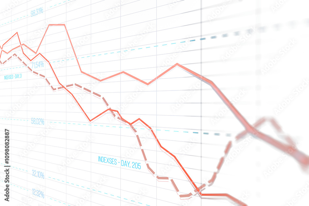 Poster Abstract red graph lines on a minimal white background, showcasing financial data trends and analytics in a clean, digital layout concept. 3D Rendering.