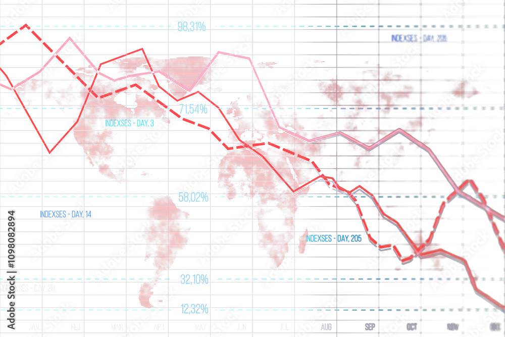Poster Economic data graph with red declining lines, grid overlay, and global map in the background, showcasing financial analytics concept. 3D Rendering.