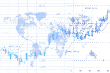 Financial chart with world map overlay, blue tones, white background, showcasing business trends, economic analysis, and global data. 3D Rendering.