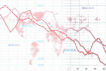 Economic data graph with red declining lines, grid overlay, and global map in the background, showcasing financial analytics concept. 3D Rendering.