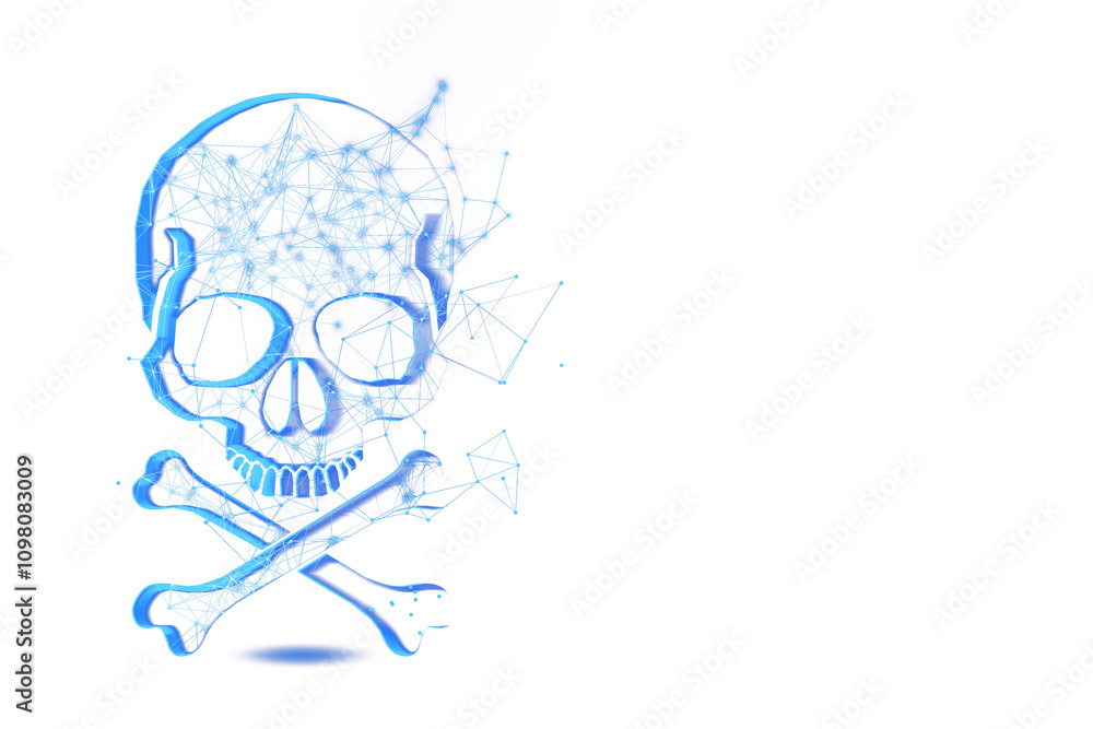 Aufkleber abstract holographic skull and crossbones with a digital polygonal structure, neon blue outline, iso