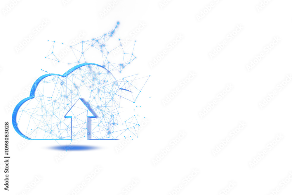 Poster Blue holographic cloud with arrow and network lines, white background, concept of virtual cloud storage and digital upload technology. 3D Rendering.