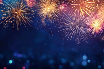 Fototapeta premium Festive pyrotechnics brighten nighttime horizon near black friday sales sign on simple backdrop