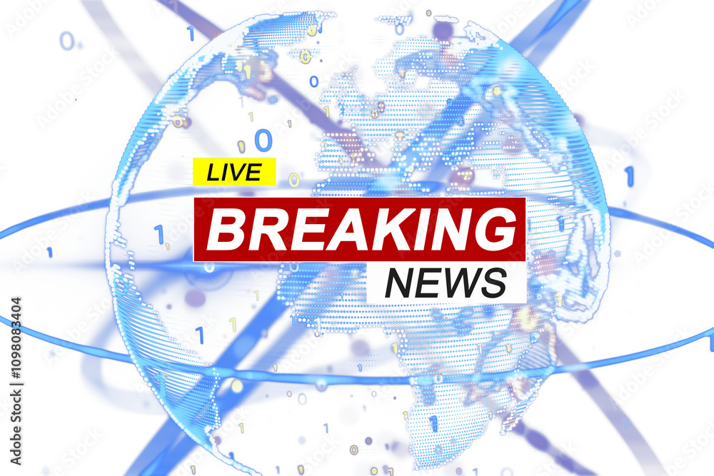 Poster Breaking news text with a digital globe and binary numbers, holographic style on a white background. Concept of global news alert. 3D Rendering.