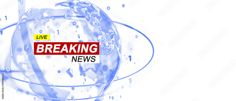 Poster breaking news banner with a digital globe, binary numbers, and lines on a clean white background. co