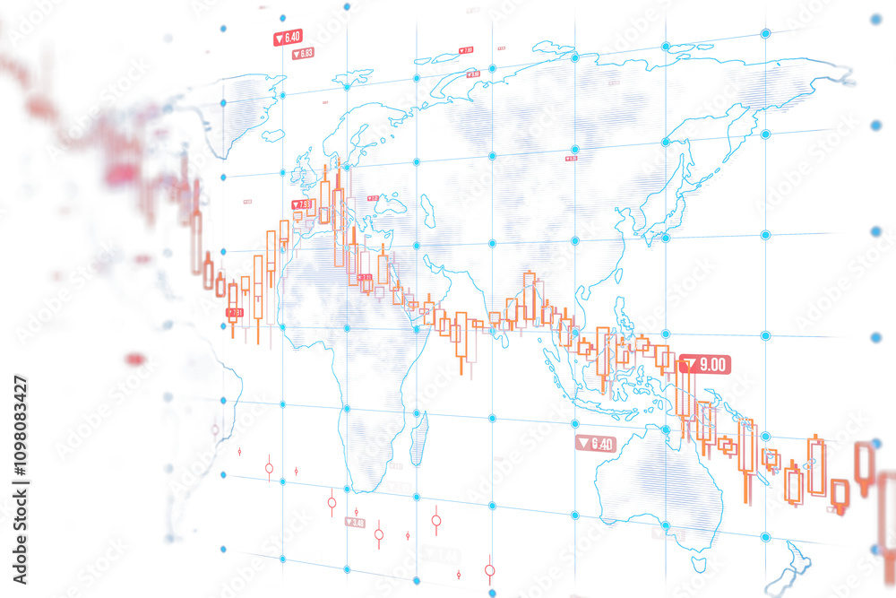 Poster Global map with red candlestick chart patterns overlaid, digital grid layout, white background, concept of financial trends and analytics. 3D Rendering.