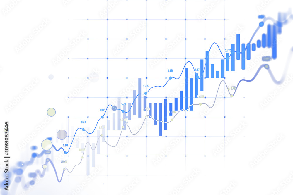 Poster Abstract financial chart with blue bars, lines, and data points on a white grid background, representing growth, analysis, and technology. 3D Rendering.