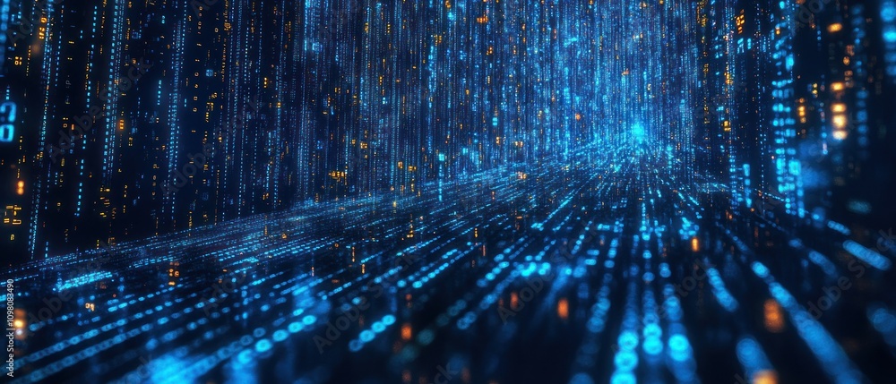 Poster a digital landscape with flowing binary code, representing data and technology.