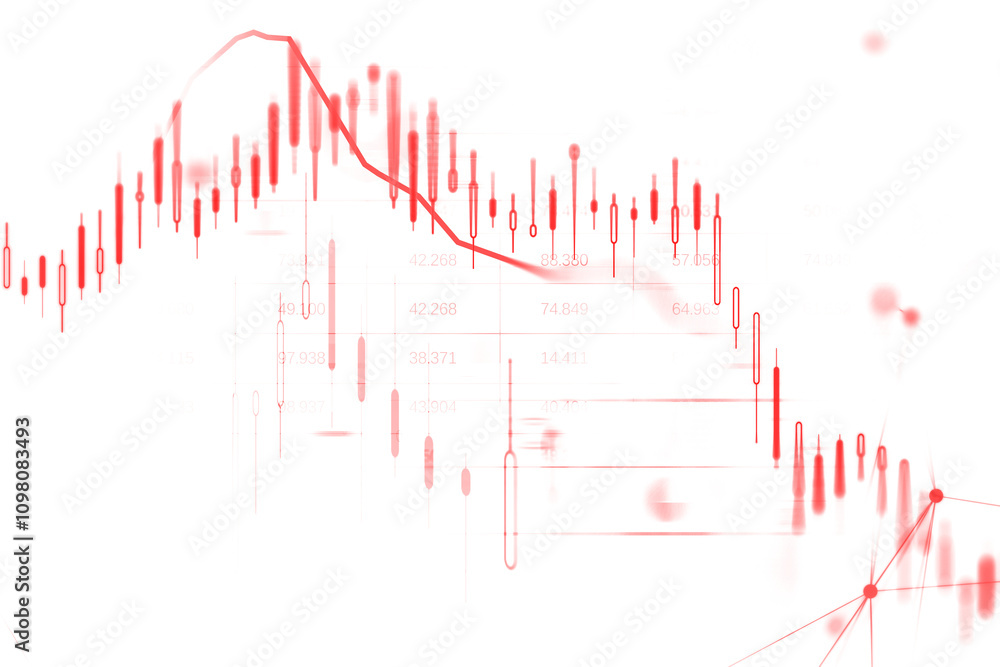 Aufkleber Red candlestick chart with line graphs and nodes on white background, representing technical analysis and financial trends. 3D Rendering