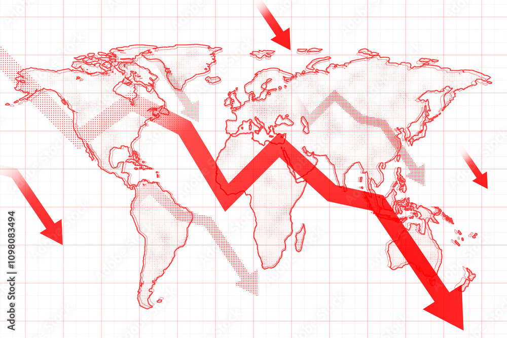 Poster Red outline world map with bold declining arrows on a grid background, symbolizing global economic downturn or financial crisis. 3D Rendering.