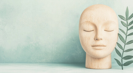 Wooden head sculpture with a peaceful expression and a green leaf on a light blue background