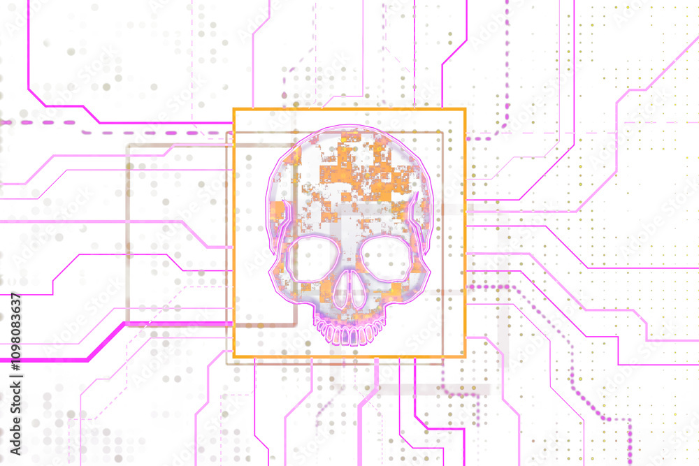 Poster Skull outline surrounded by digital circuitry and neon accents on white, representing hacking, malware, and cybersecurity warning concepts. 3D Rendering.