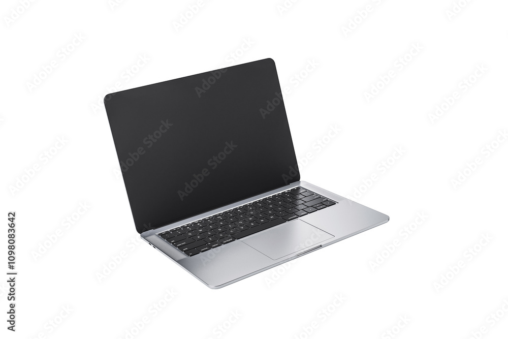 Poster open silver laptop with black screen and keyboard, sleek design, isolated on white background. conce