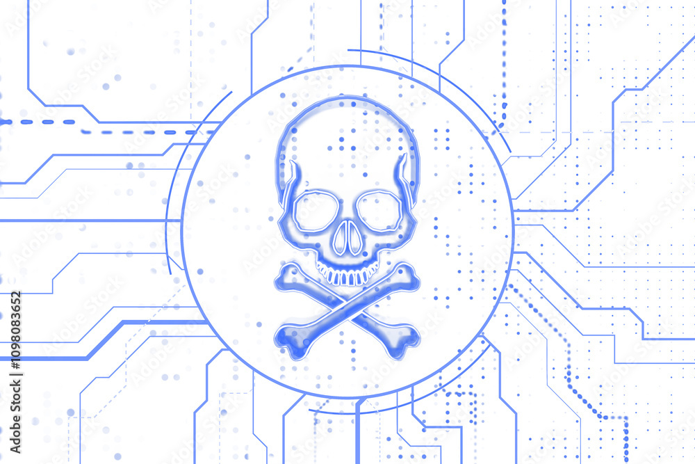 Poster skull and crossbones holographic neon outline surrounded by circuit board patterns on white backgrou