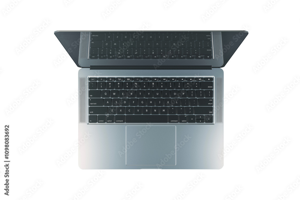 Poster Laptop shown from above with visible keyboard and touchpad, placed on a white background, clean and modern design concept. 3D Rendering.