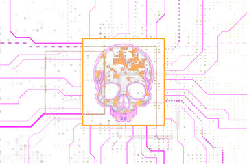Skull outline surrounded by digital circuitry and neon accents on white, representing hacking, malware, and cybersecurity warning concepts. 3D Rendering.