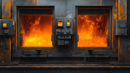 Bright orange liquid metal flows from two large furnaces into a waiting mold, showcasing the intensity of industrial steel production