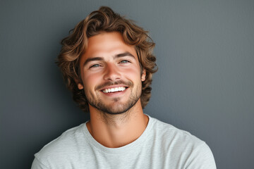 Fototapeta premium Young Male Smiling Brightly in Front of a Solid Background