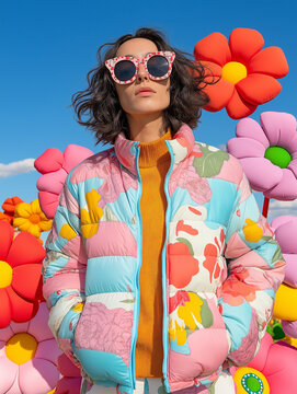 Confident woman in a floral puffer jacket and bold sunglasses stands among colorful inflatable flowers. A chic and creative expression of modern fashion.