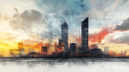 Obraz premium Artistic Cityscape at Sunset Sketch Style