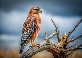 Silhouetted against a dead tree, a red-shouldered hawk captures the essence of nature.