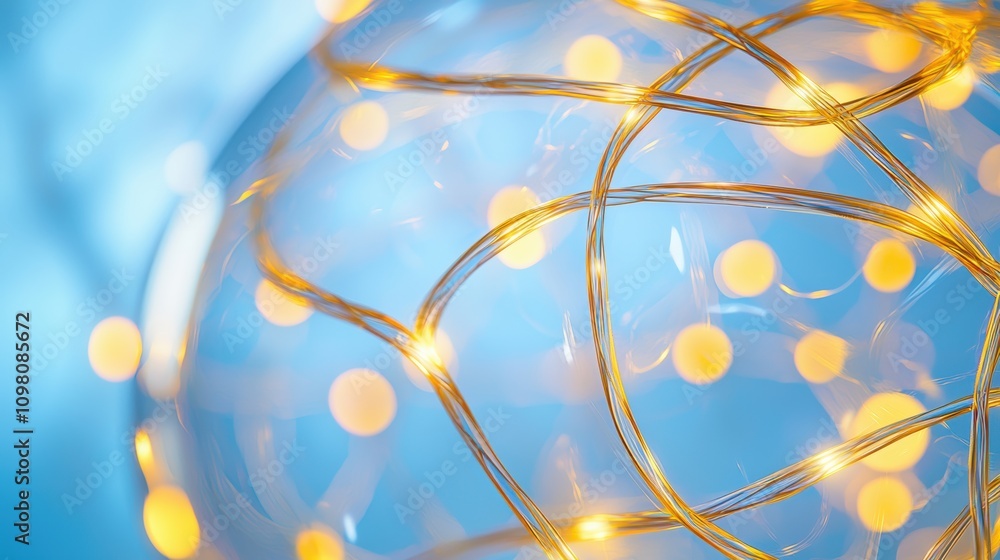Poster glowing transparent globe with reflective wire paths and bright bokeh background