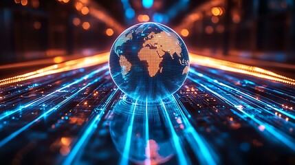 Fototapeta premium A holographic digital globe surrounded by fiber optic light trails