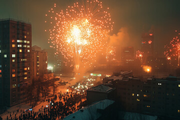 People watching fireworks displaying in dark evening sky and celebrating holiday against city buildings. Festival celebration.