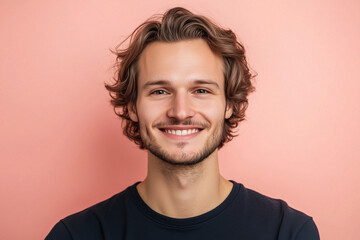 Fototapeta premium Young Male Smiling Brightly in Front of a Solid Background